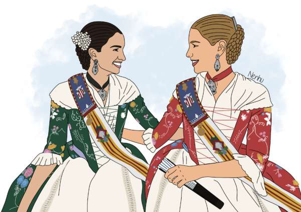 Dos chicas falleras - Ilustración personalizada Chicas vestidas de falleras mirándose, una ilustración personalizada perfecta para capturar la esencia de la tradición valenciana y el espíritu de las Fallas.