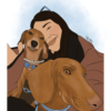 Chica abrazando a sus dos perros - Ilustración personalizada Chica joven abrazando a sus dos perros en una ilustración personalizada, perfecta para capturar el amor por tus mascotas y decorar cualquier rincón con un toque especial.