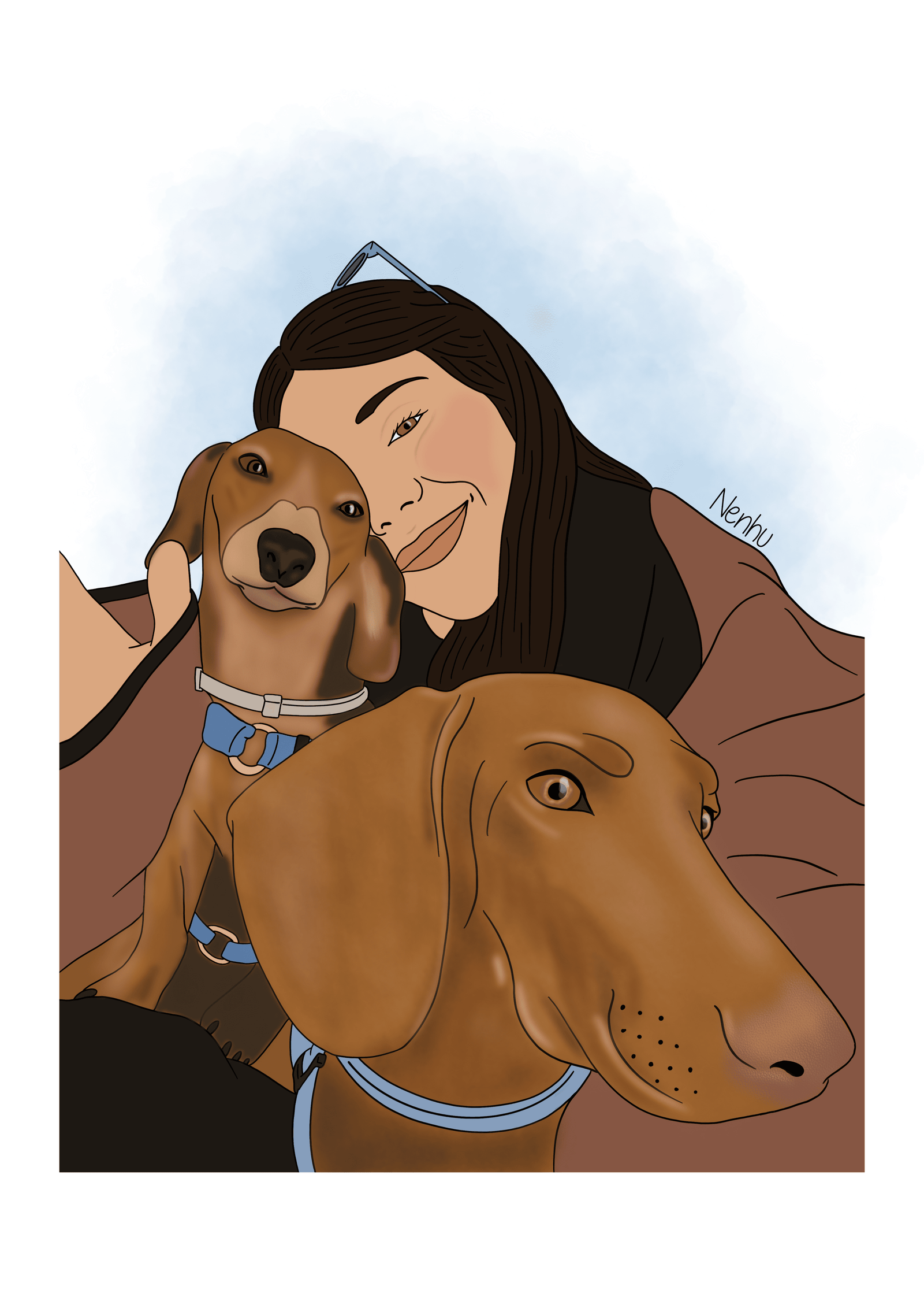 Chica joven abrazando a sus dos perros en una ilustración personalizada, perfecta para capturar el amor por tus mascotas y decorar cualquier rincón con un toque especial.