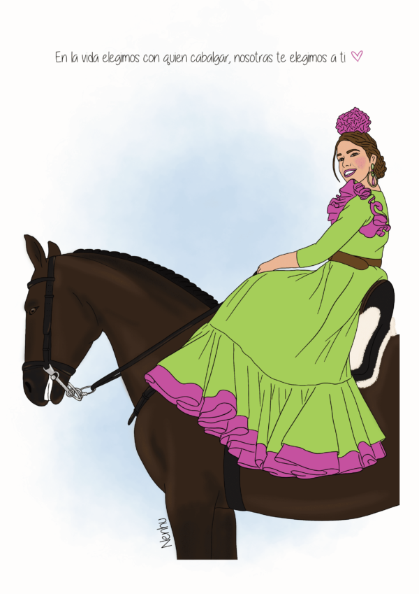 Chica montada a caballo con traje de flamenca - Ilustración personalizada Chica montada en un caballo, vestida con un elegante traje de flamenca en una ilustración digital personalizada, ideal para amantes de la tradición y la equitación.